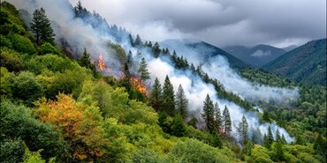 Fire rages up a tree filled hill