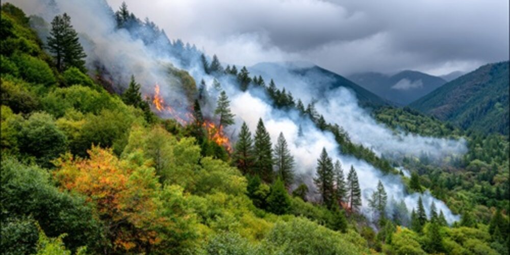 Fire rages up a tree filled hill