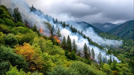 Fire rages up a tree filled hill